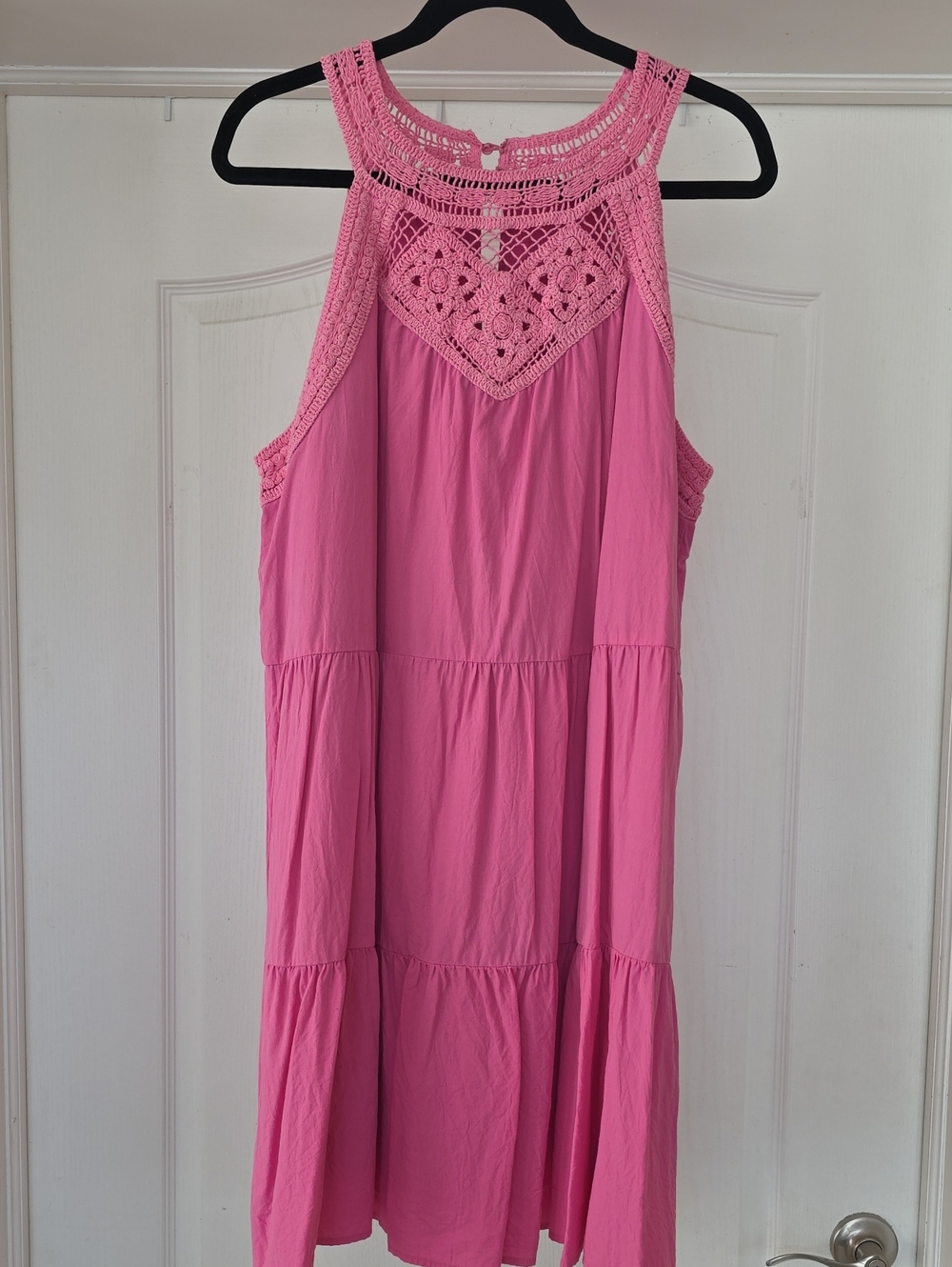 Womens Pink Crochet Yoke Tiered Summer Dress